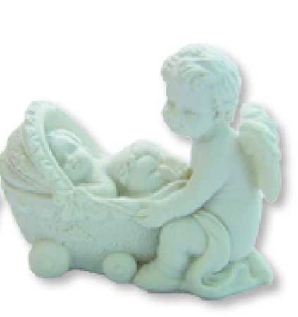 Engel mit Kinderwagen - Baby streckt Po, Höhe 4,5cm