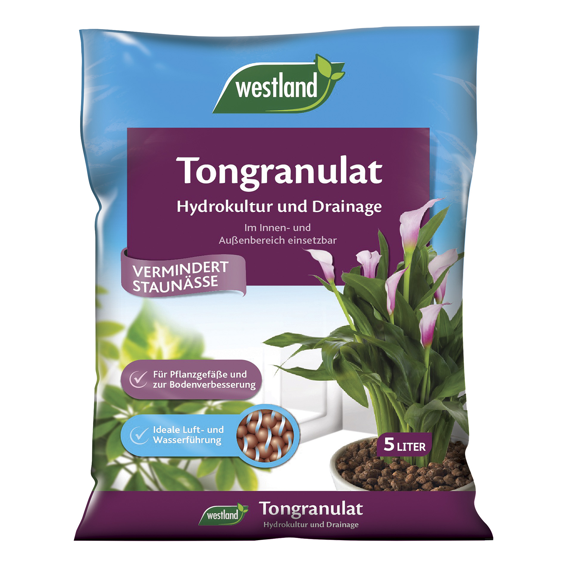 Abbildung des Tongranulates und blühende Pflanze auf Beutel 5l